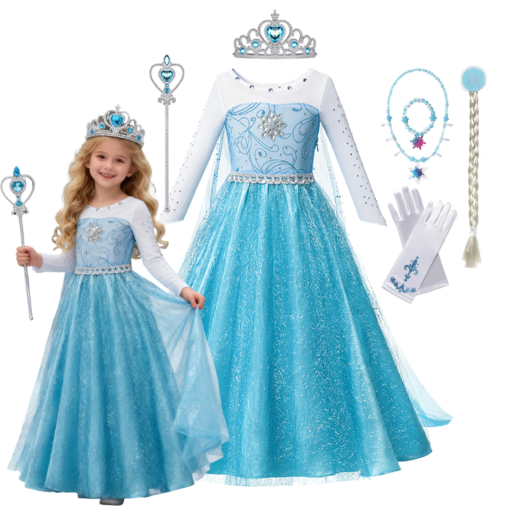 

Girls Snow Queen Elsa Anna Long Sleeves Costume Kids Princess Dress Halloween Cosplay Party Prom Gown Vesidos For 2-10 Years