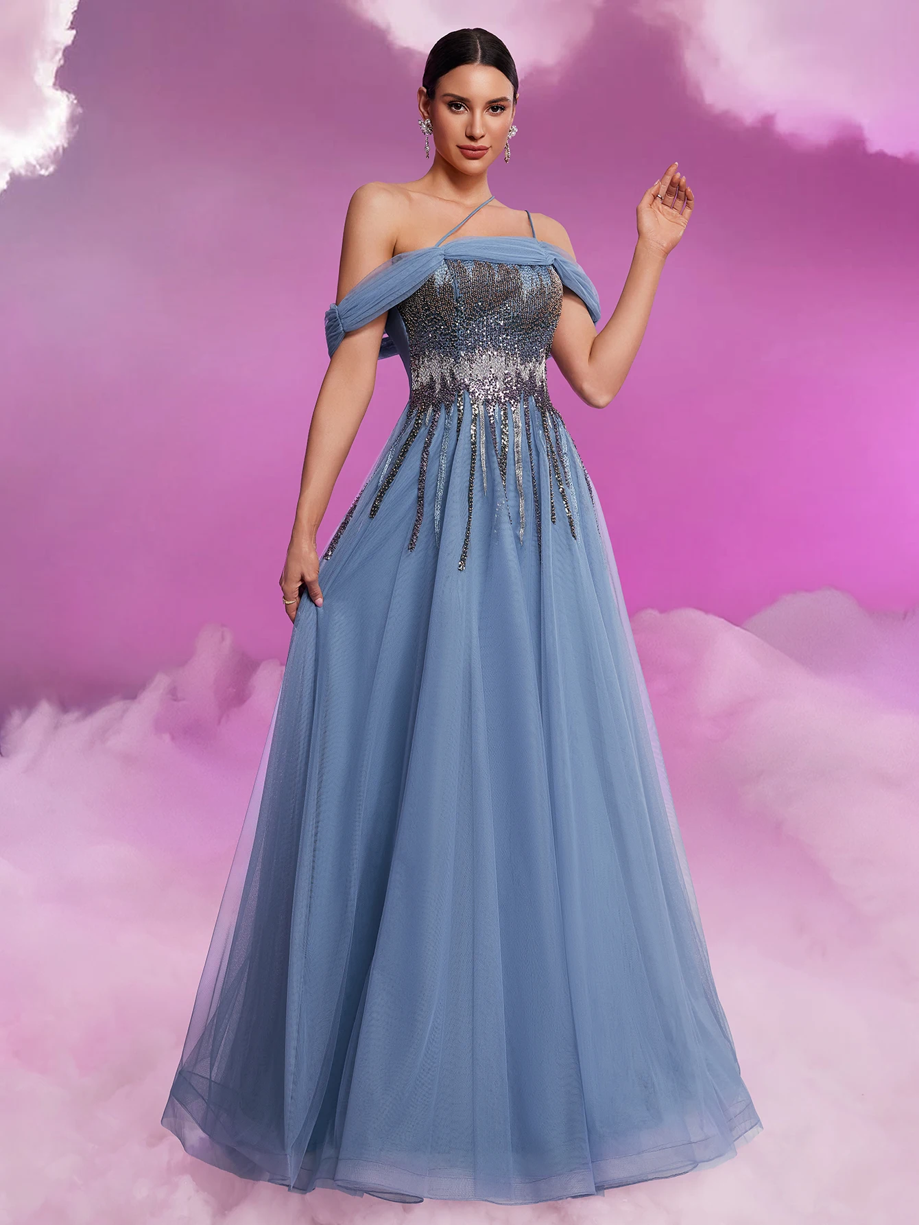

BLUEPLUM Luxury Off-shoulder Fringed Tulle Formal Evening Dress Elegant Long Sequin A-line bridesmaid BLue Party Cocktail Gown