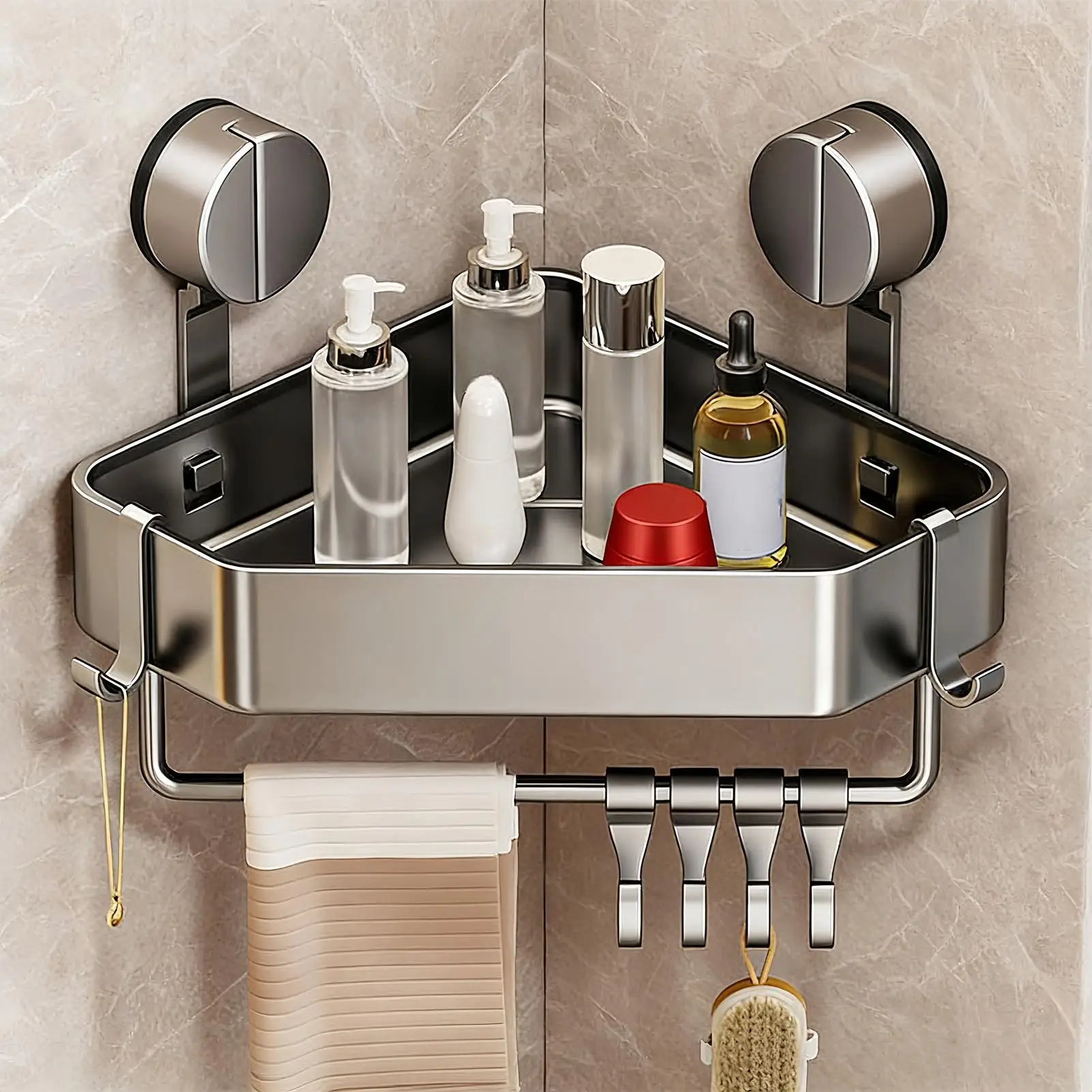 Space-Saving Suction Cup Bathroom Shelf No Drilling Required Strong Triangular Rack with Hooks Suitable for Shower And Toilet