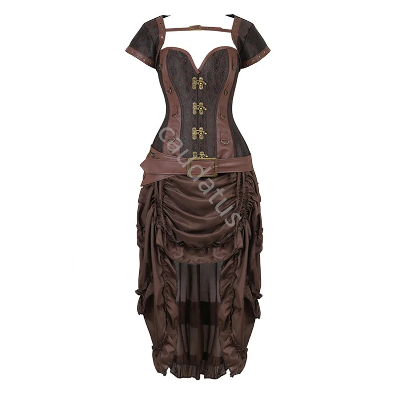 Corset Dress Women Skirt Set Bustier Top Steampunk Sexy Plus Size Vintage Gothic Punk Burlesque Pirate Costume Brown Halloween