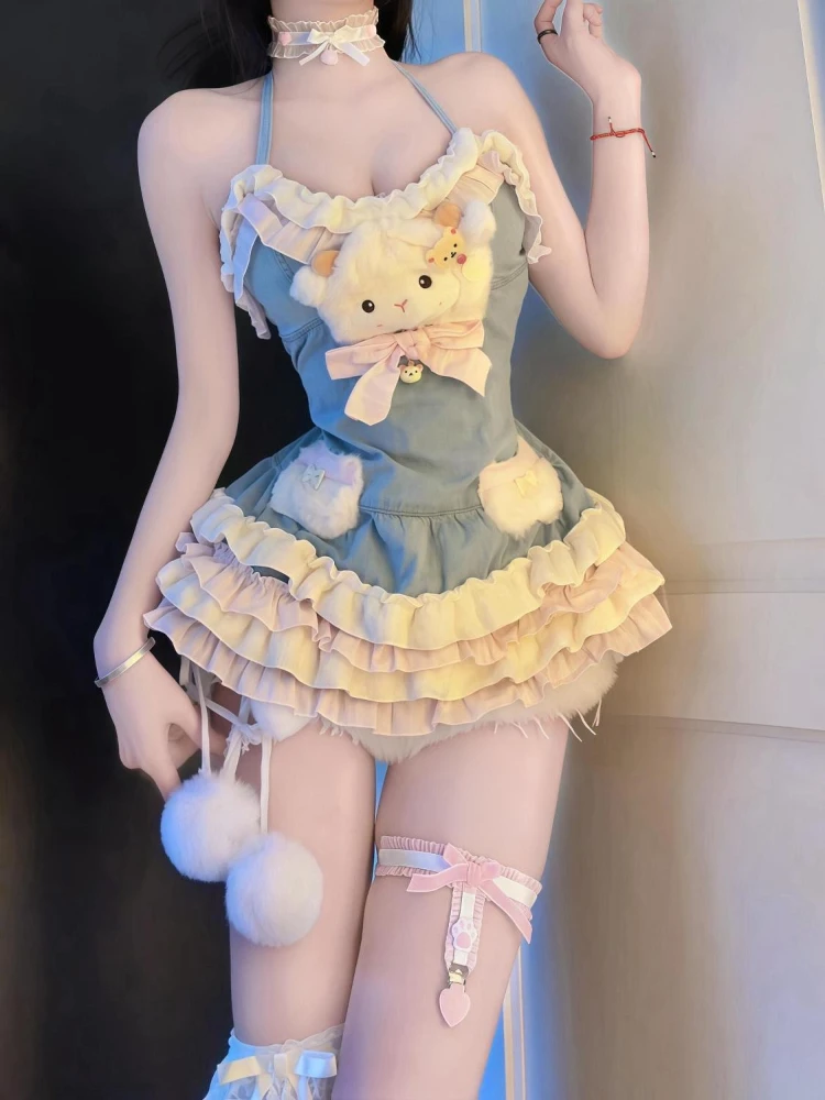 Summer Sweet Japanese Style Lolita Woman Dress Y2k Chic Design Halter Neck Bow Dress Fashion Patchwork Cake Female Short Dress