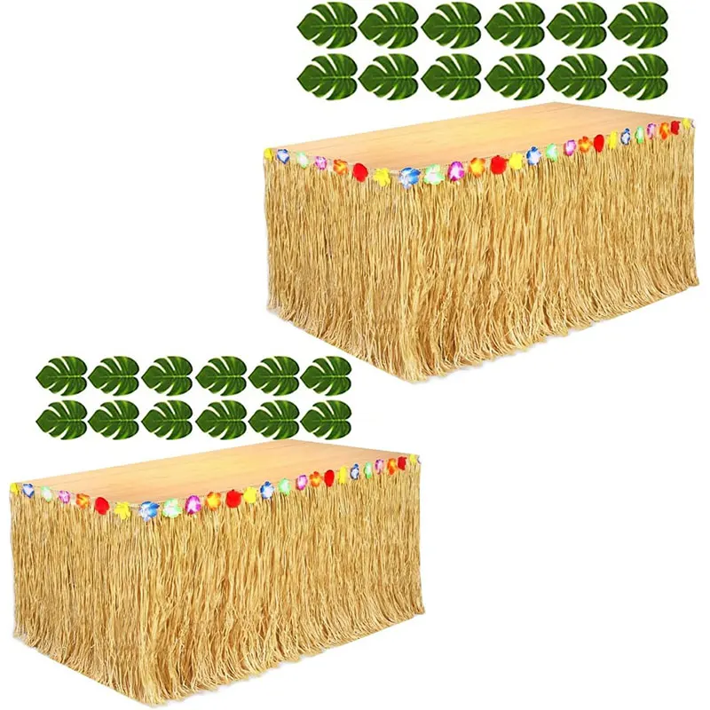 100/200cm Hawaiian Luau Hibiscus Green Table Skirt +12pcs Green Leaves Hawaiian Party Tropical Birthday Party Celebrations Decor