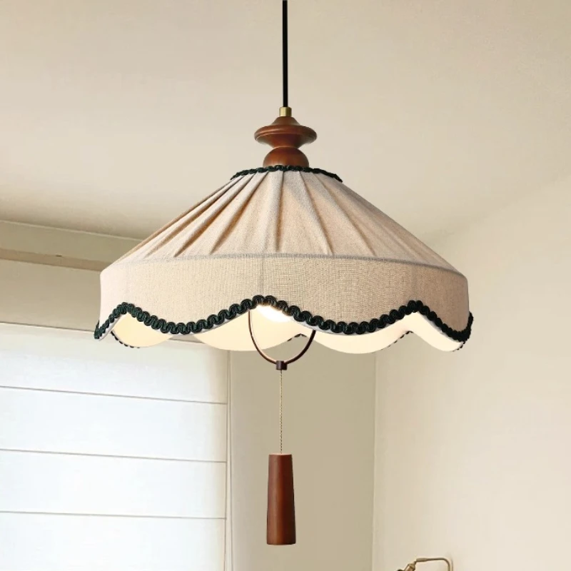 French Designer White Fabric Green Border Pendant Lights Wooden Hanging Lamps Living Room Bedroom Kitchen Restaurant Chandelier
