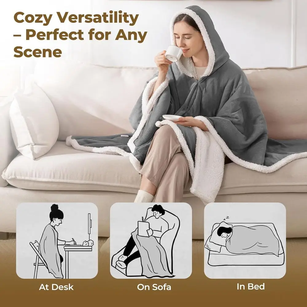 Electric Heated Blanket with Hood & Pockets, 5 Levels, Auto-Off, Washable, Certified, Unisex, Light Grey, 56x63