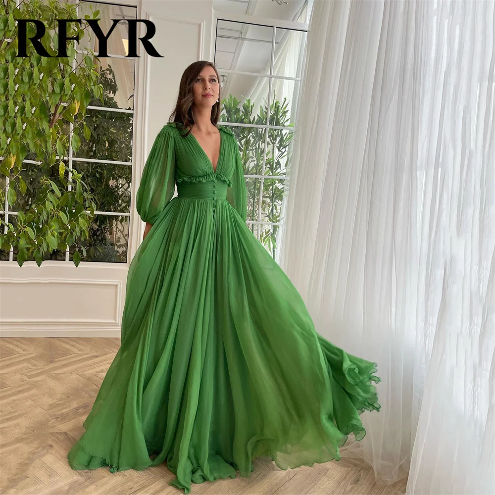 

RFYR Chiffon Green Prom Dresses Deep V-Neck Ruched Puff Sleeves Formal Party Dresses A-Line Floor Length Women's Evening Gowns