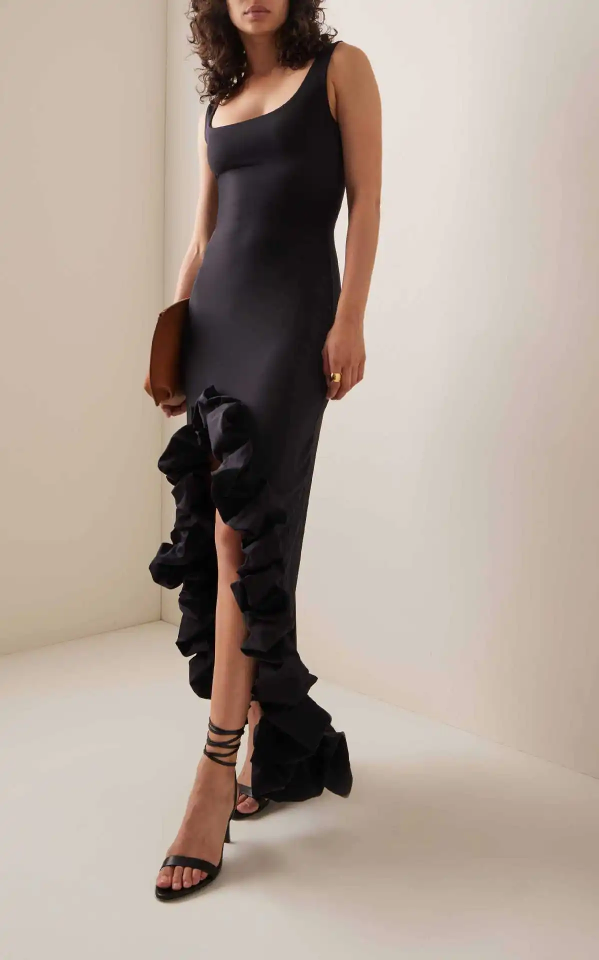 

Women Elegant Black Spaghetti Straps Ruffle Split Party Evening Runway Dress Sexy Sleeveless Ruffled Edges Slim Long Dress