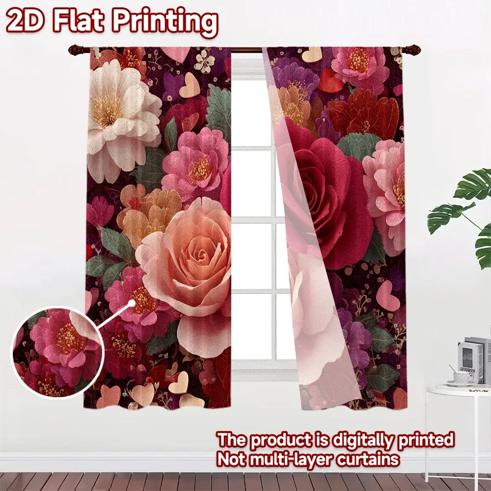 2D FLAT PRINTING 2pcs Curtains (Without Rod) Valentine's Day Floral Hearts Pattern Chic Curtains Versatile Fabric Curtains