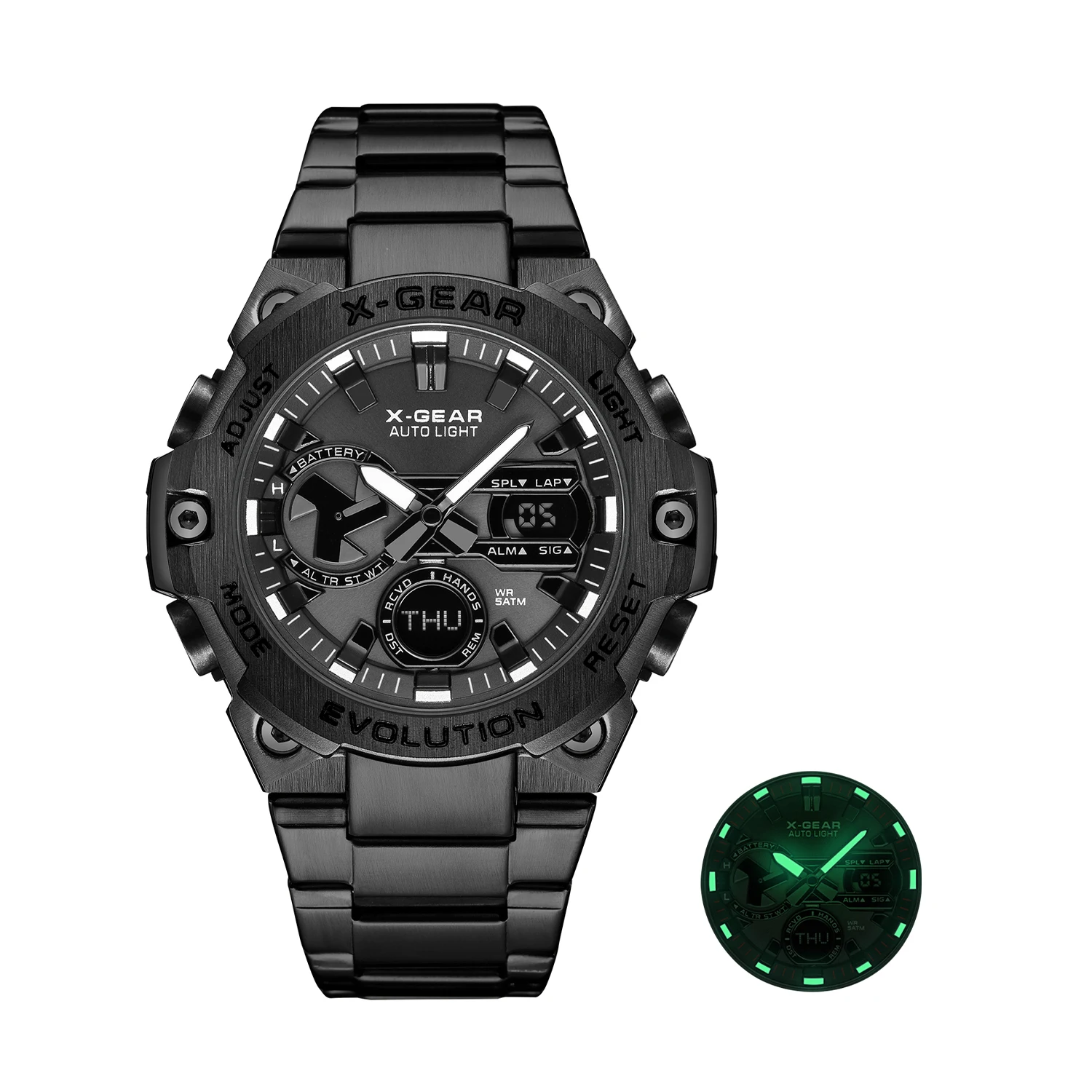 Men's Multi-Functional Stainless Steel Watch with Alarm Timer Night Light Water Release And Rotating Windmill on Strap
