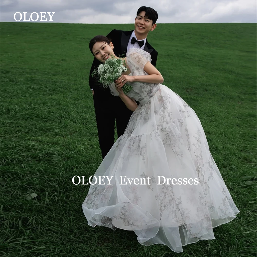 OLOEY Elegant Floral Print Prom Dresses Korea Photoshoot Square Collar Puff Short Sleeves Wedding Party Gown A Line Floor Length