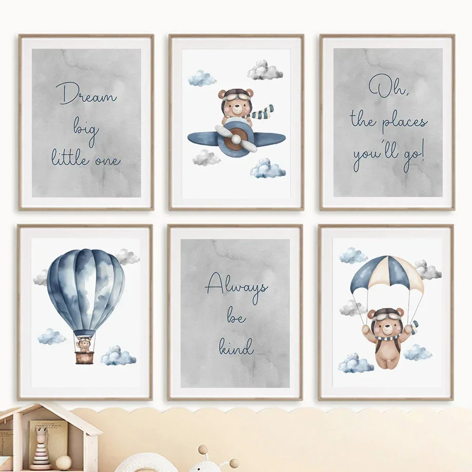 Bear Hot Air Balloon Airplane Inspirational Quotes Wall Art Canvas Painting Posters And Prints Pictures For Boy Kids Room Dec