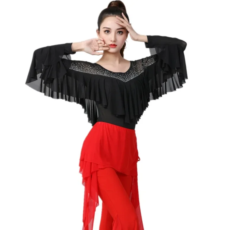 

Женские топы для бальных танцев с рюшами, украшенные стразами, для самбы и латиноамериканских танцев, современные платья для вечеринок, тренировок и выступлений, сексуальная танцевальная одежда