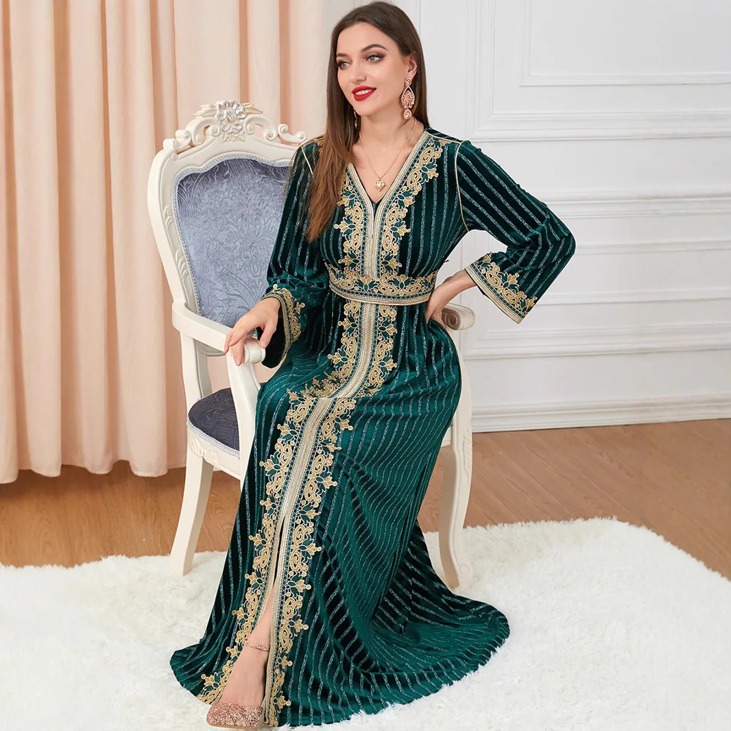 3271 women's downstream long sleeved slit autumn and winter women's clothing outfit with Arabic velvet dress