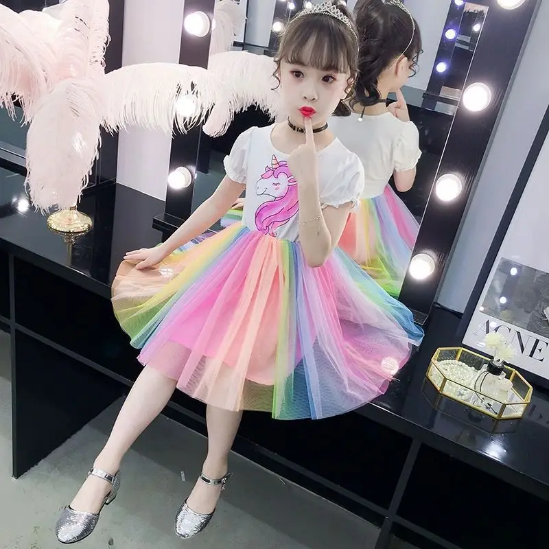 Girls Clothes 2024 New Girls Summer Dress Wedding Rainbow Dress Fluffy Dress Princess Dress Unicorn Elegant Kids Clothes 2-14Y