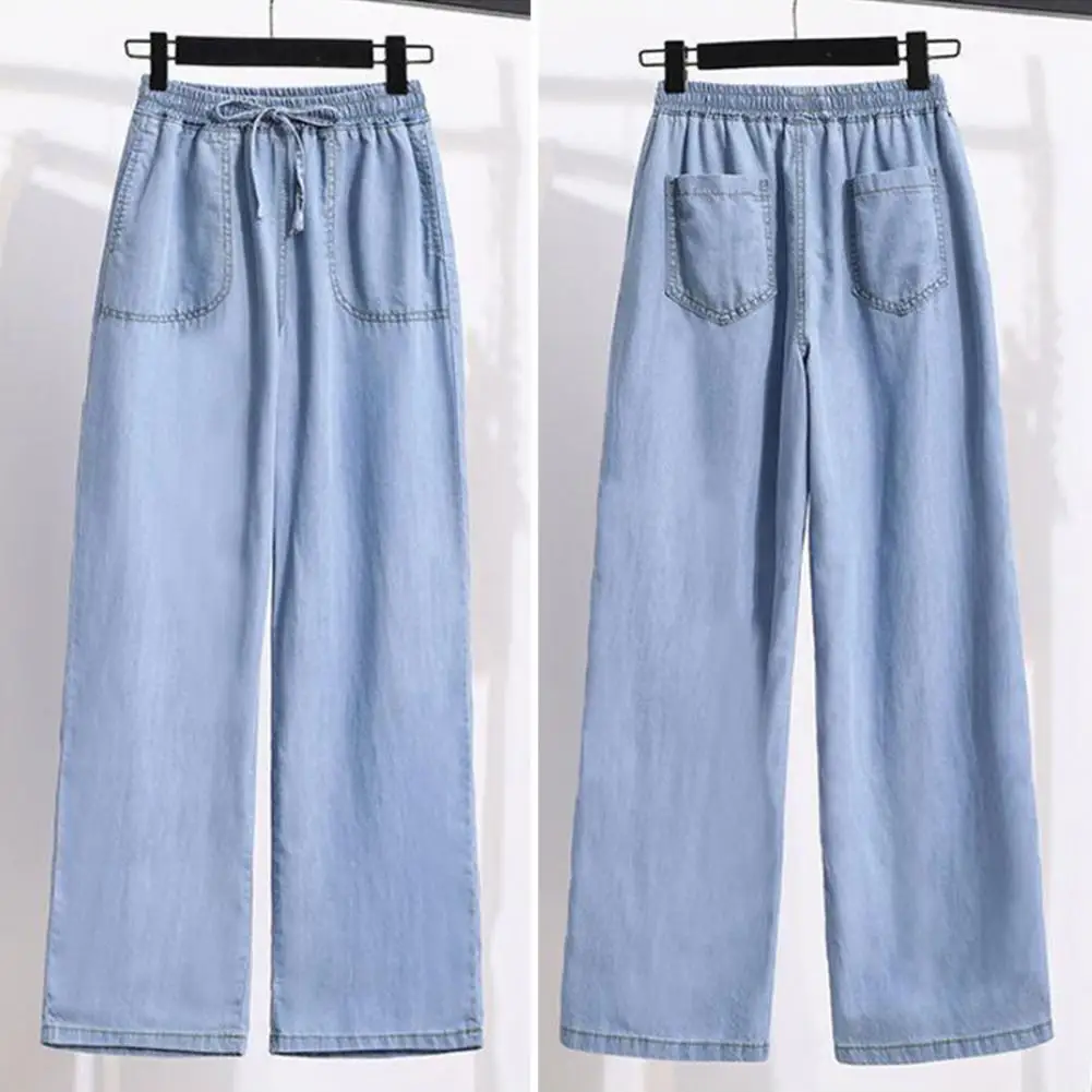 

Women Jeans Stylish Women's Drawstring Wide Leg Jeans with Elastic Waist Multi Pockets for Daily Wear Loose Fit Straight Leg