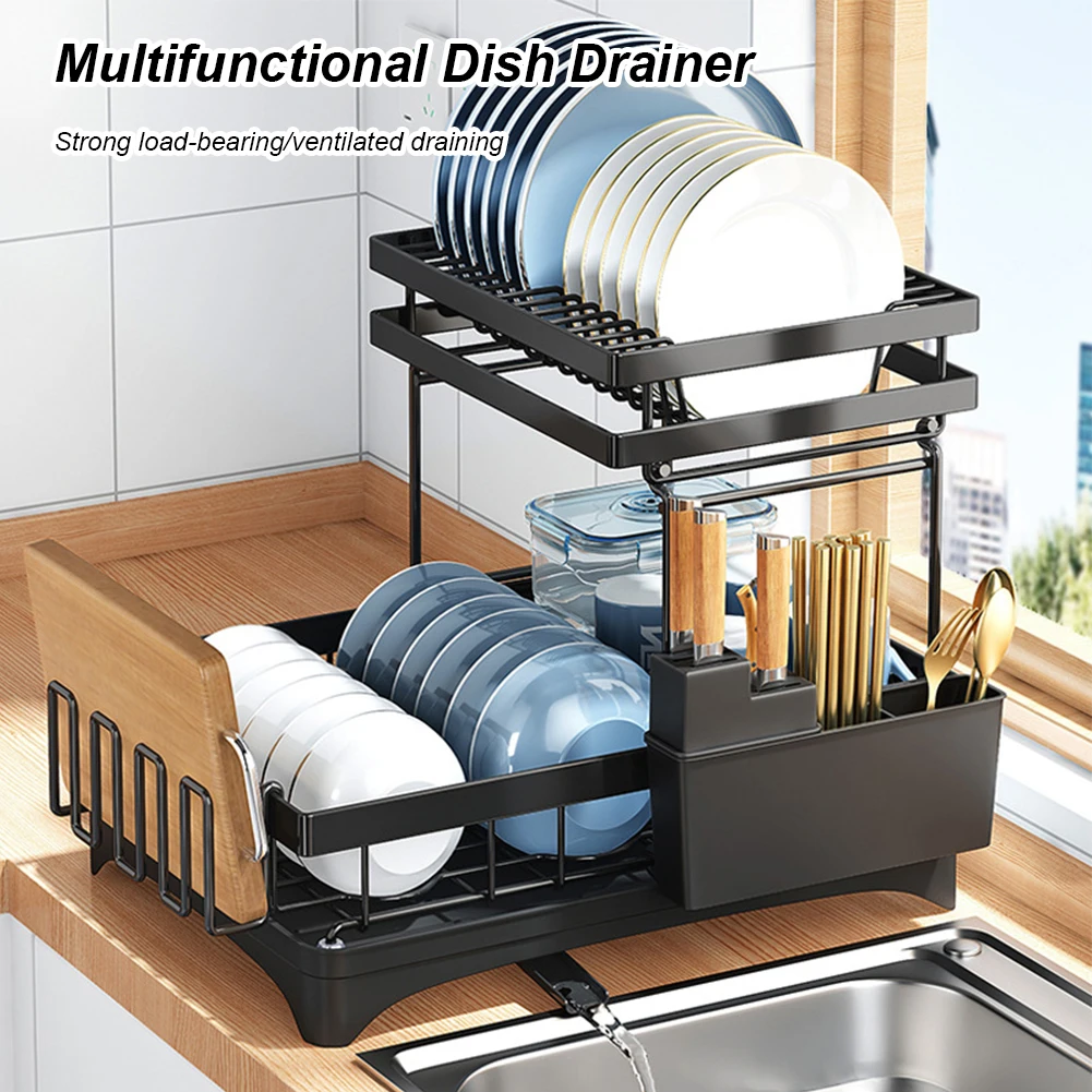 

2 Tier Dish Drying Rack with Drainboard Metal Drain Rack Large Capacity Multifunctional Home Kitchen Organizer Accesso Ries