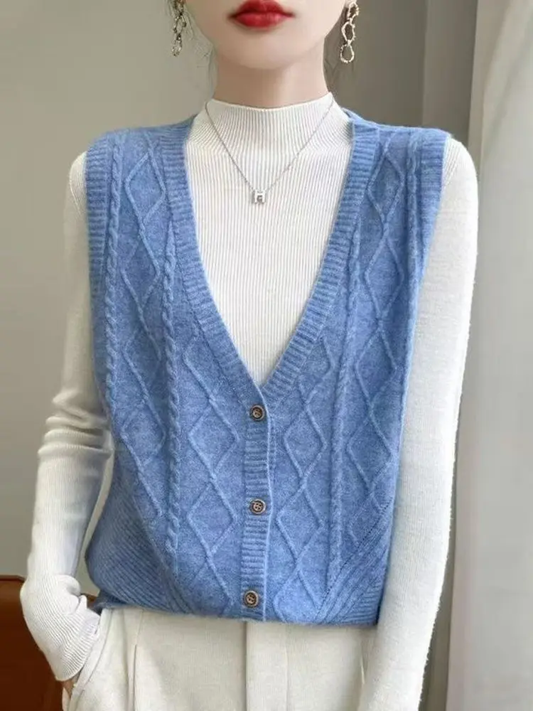 Loose Knitted Blue V-Neck Twisted Flower Cardigan Sweater Women's Fashionable Versatile Top Open Cardigan Regular Fit Button ...