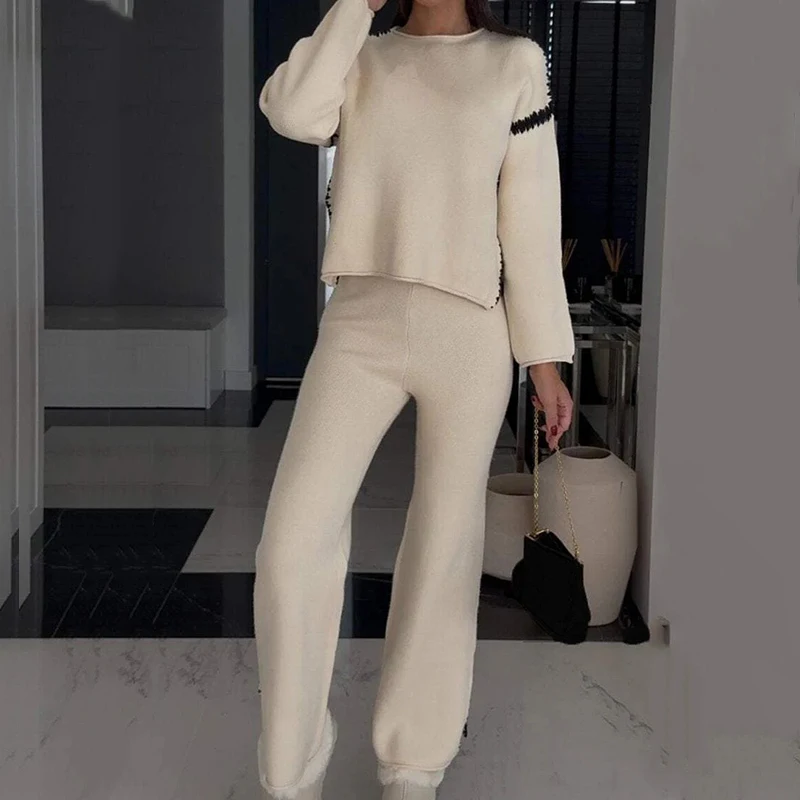 Casual O Neck Long Sleeved Sweater and Pants Sets Autumn Winter Color Blocked Knitted Suit Vintage Solid Color Homewear Outfits