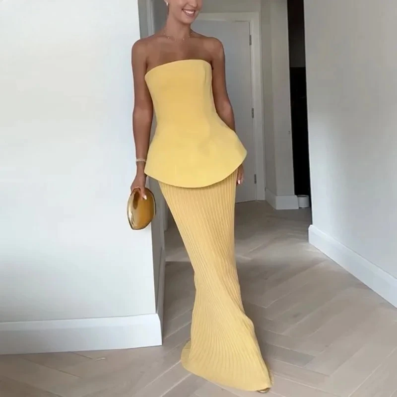2025 Summer New Women's Comfort Elegant Backless Sleeveless Fashion Tops High Waisted Pleated Skirt Solid Color Two-piece Set