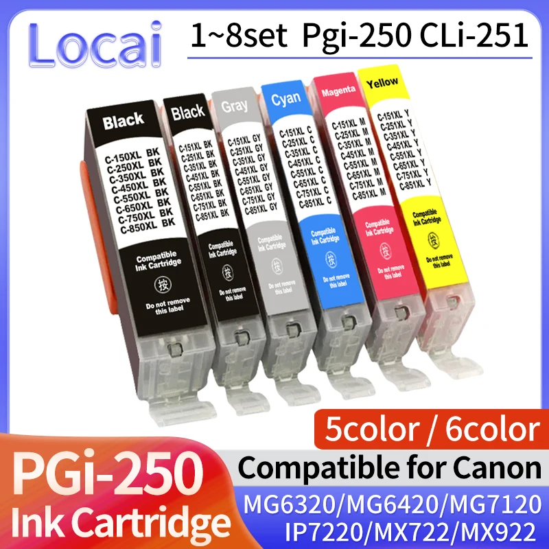 1/3/5//8set Pgi-250XL Cli-251XL Ink Cartridge Compatible For Canon MG5420 MG5422 MG5520 MG6320 MG6420 MG7120 IP7220 MX722 MX922