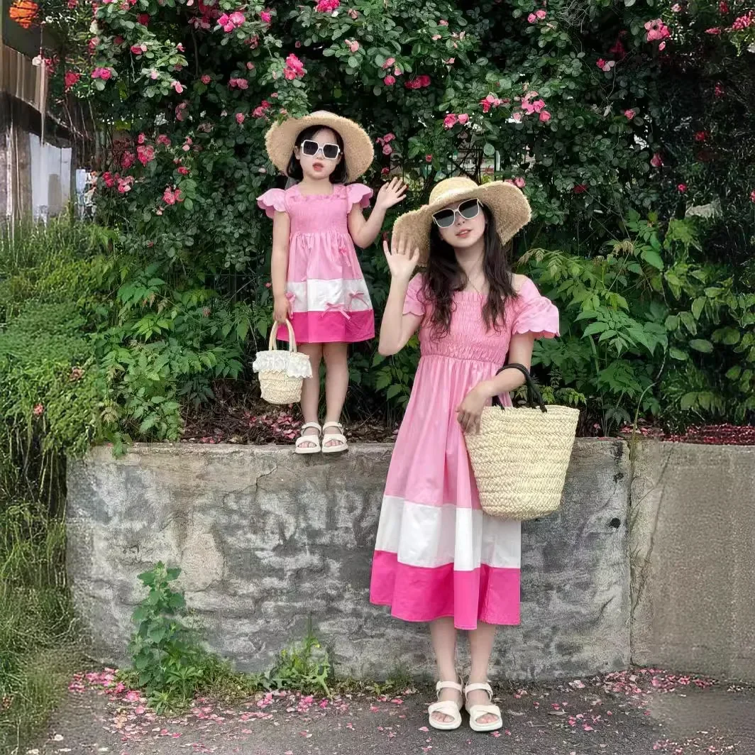 2025 HolidayPink Smock Dress Vacation Mom Baby Girl Dresses Korean Parent-Child Equal Clothes Vestidos Mother Daughter Matching