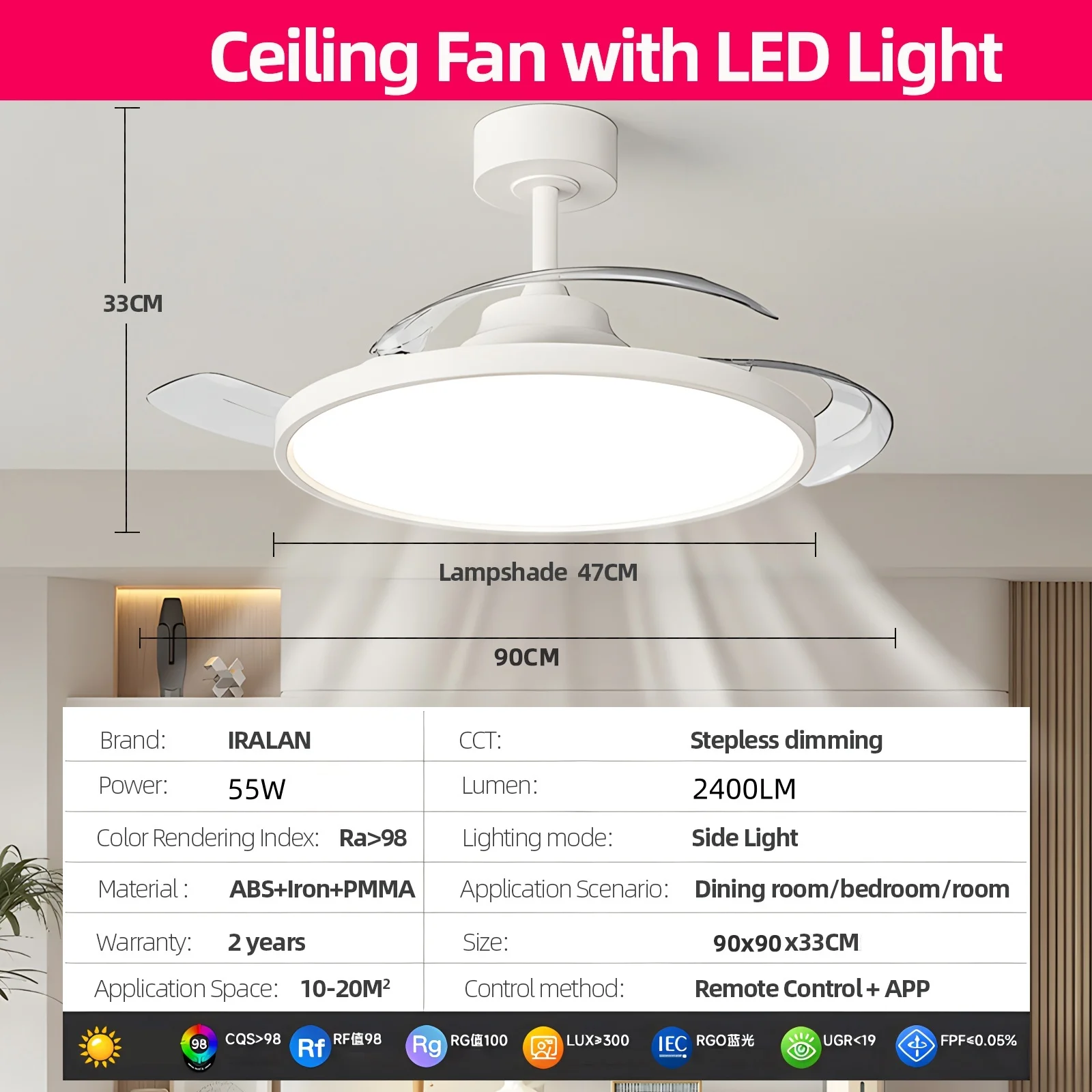 Invisible Blades Retractable Ceiling Lamp with Fan Living Room Bedroom Decor Ventilator Lamp Modern LED Ceiling Fan Chandelier image 3