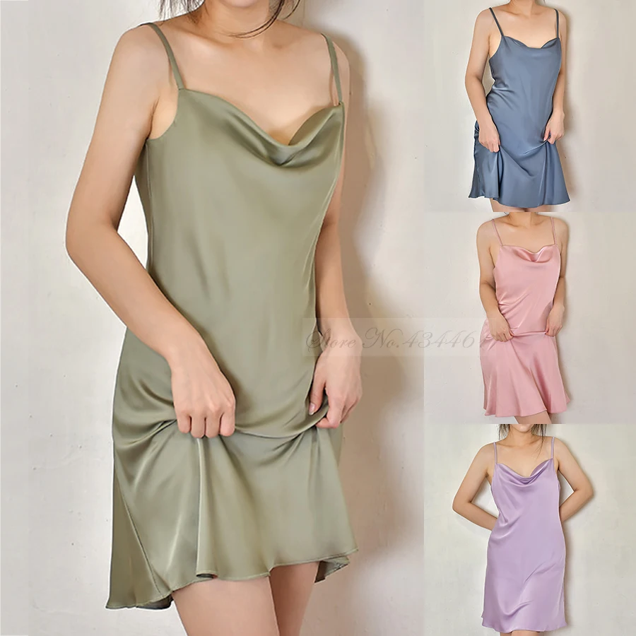 Summer New Female Nightgown Chemise Sleepwear Intimate Lingerie Sexy Mini Swinging Collar Nightdress Loose Silk Satin Home Dress