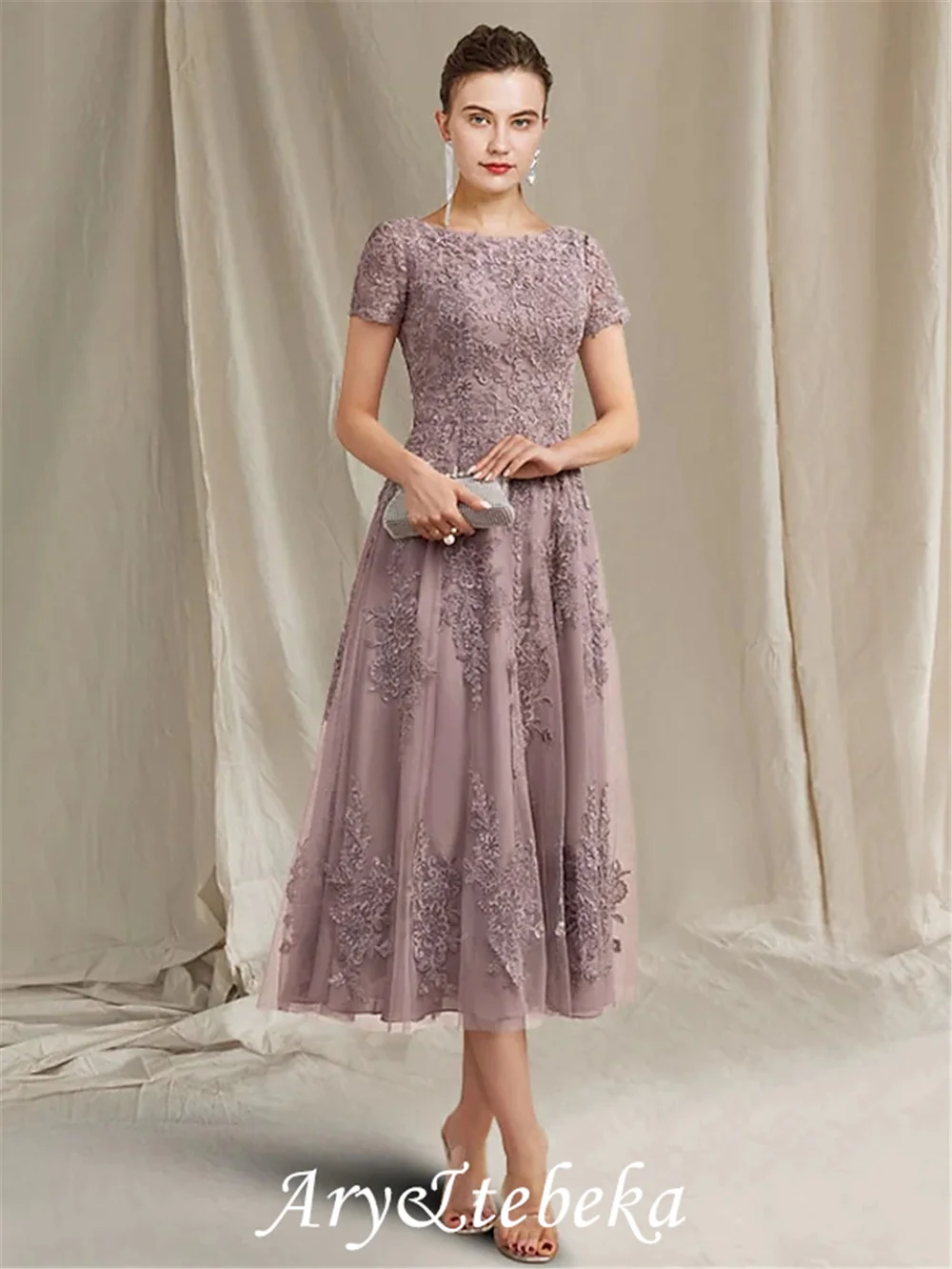 A-Line Mother of the Bride Dress Elegant Jewel Neck Tea Length Lace Tulle Short Sleeve with Appliques