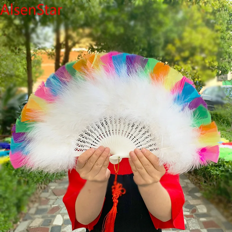 Rainbow Feather Folding Fan Stage Performance Dance Fan Lolita Feather Fan Photography Props Gifts Wedding Party Decoration