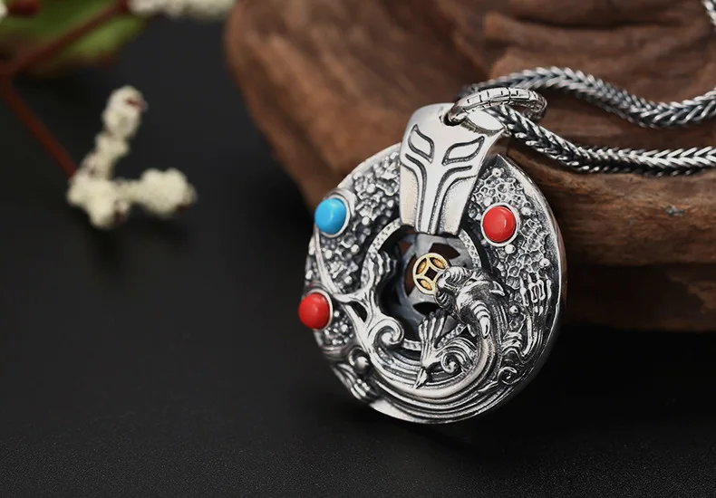 Chinese style s925 pure silver jewelry, fashionable mythical beast Pixiu pendant, Thai silver hollowed out safety buckle pendant