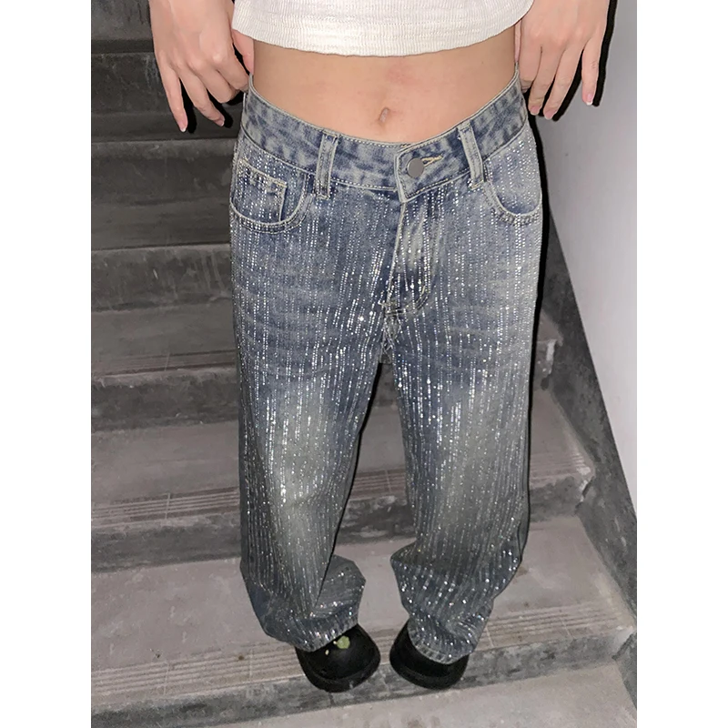 

PBAP Glitter Diamond Women Denim Wide Leg Pants Vintage Wash Distressed Whiskers High Rise Straight Baggy Jeans Y2k Streetwear