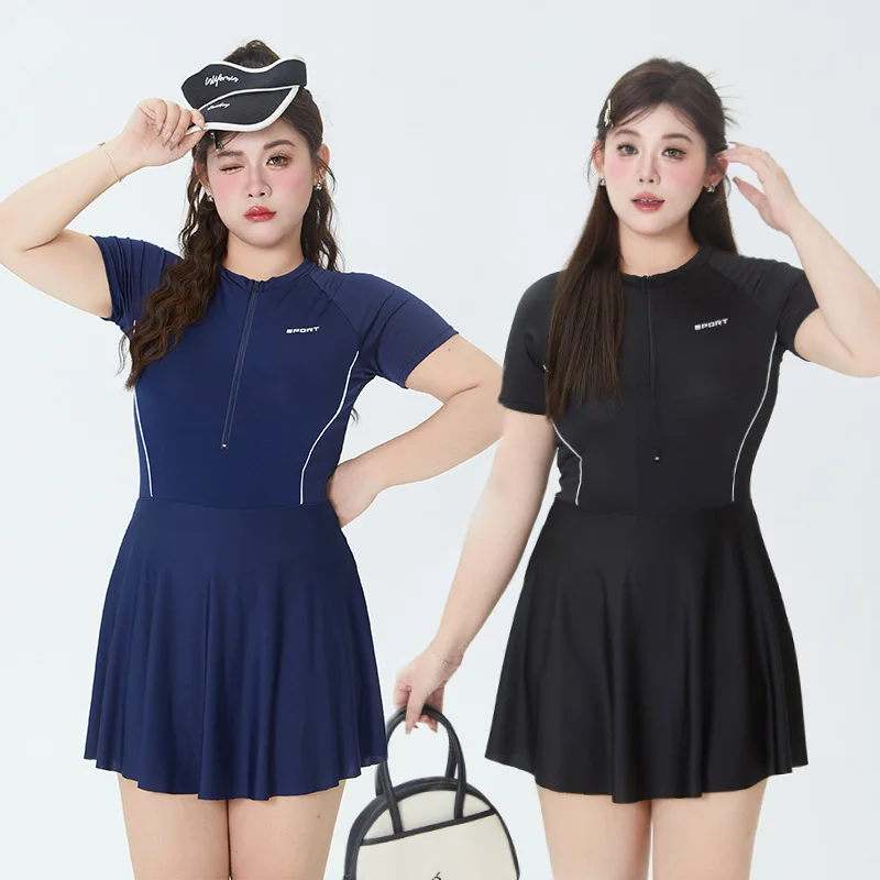 인스 스타일 플러스 사이즈 심플한 비치웨어 수영복, 섹시한 슬림 패션, 보수적인 온천 수영복, 원피스 수트, 프릴 스커트
