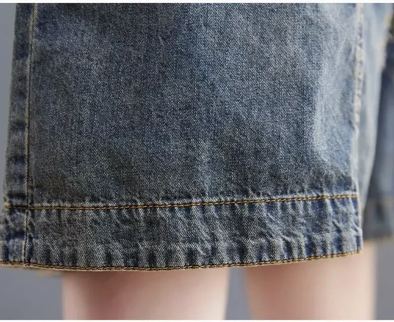 Nieuwe 2024 Zomer Streetwear Dames Vintage Gescheurde Jeans Gaten Blauwe Denim Shorts Dames Elastische Losse Dunne Rechte Broek Met Wijde Pijpen