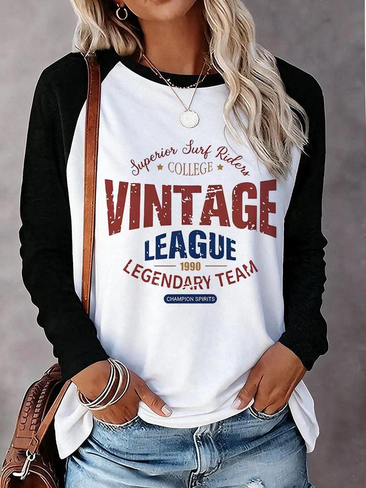 Vintage Letter print Graphic Tshirt American Trend Style Long Sleeve Crew Neck T Shirt Y2k Tees Tops Women's Casual T-Shirt 90s