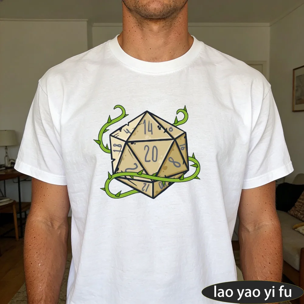 Vintage Aged D20 Dice with Green Vines Graphic Tee Men's Nature Fantasy RPG Cotton T-Shirt Gamer Streetwear for D&D Fans
