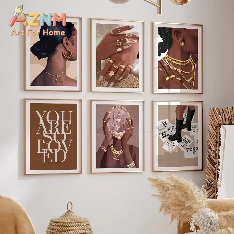 Fashion Black Girl Diamond Teeth Nail Jewelry Gold Pop Art Canvas Painting Poster And Prints Wall Pictures For Living Room De