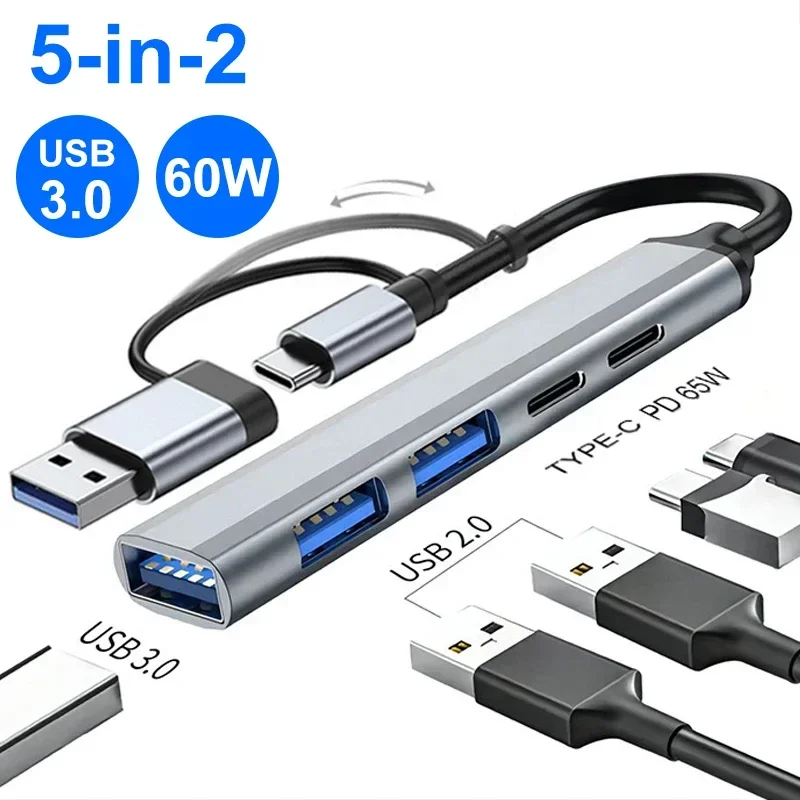 

5-IN-2 USB C HUB Type C to USB 3.0 HUB PD 65W Multi USB Splitter Adapter For Pro Computer Accessories