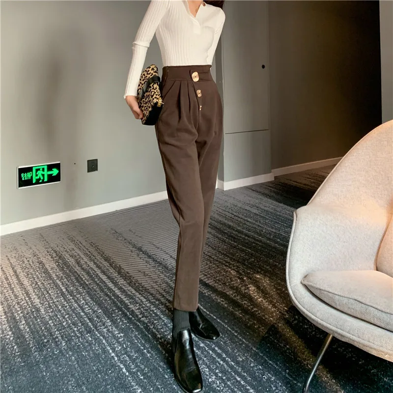 

Woolen Haren Pants 2024 Autumn/Winter Thick Irregular High Waist Three Button Versatile Casual OL Ankle Length Pants Radish Pant