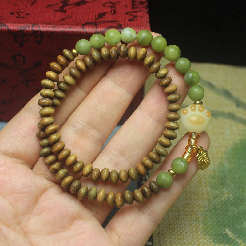 Green Sandalwood Abacus Bead Cat Claw Double Circle Bracelet with Fortune Charm for Women, Cultural Art Ornament, Buddhist Praye