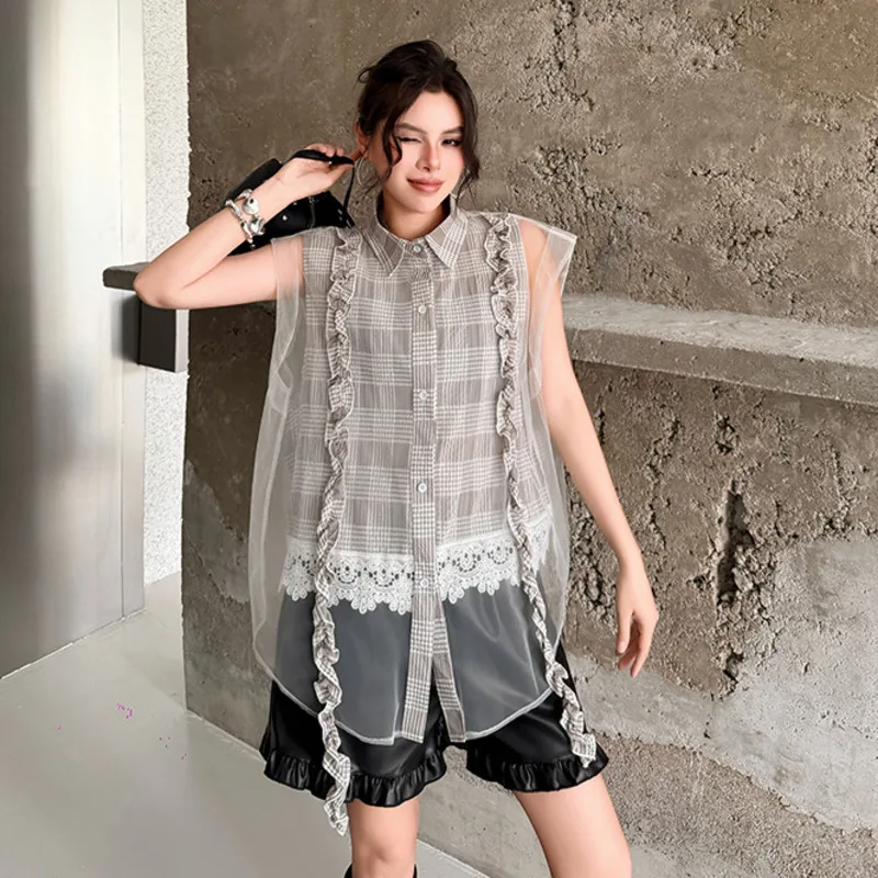 HKSH Women Sleeveless Shirt Trendy Lace Ruffles Patchwork Plaid Contrast Color Loose Casual Fake Two Piece Blouse Summer HK23683