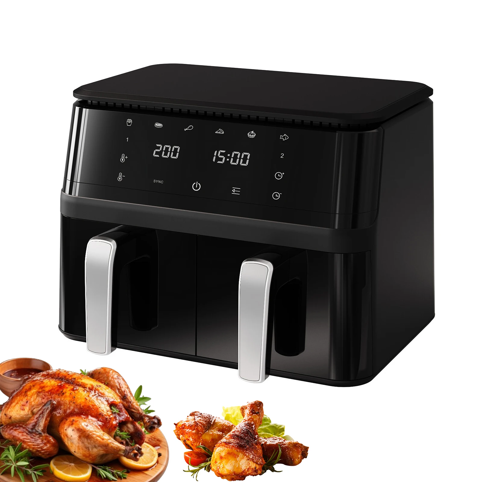 9L Dual Zone Airfryer, 2000W Airfryer met grote capaciteit en touchscreen, 12 vooraf ingestelde programma's voor gezinskoken
