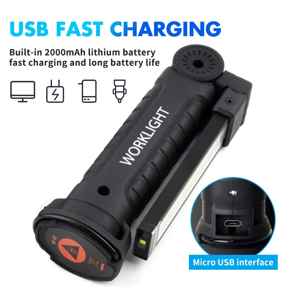 للطي COB XPE LED ضوء العمل مصباح يدوي USB الشعلة القابلة لإعادة الشحن قاعدة مغناطيسية وخطاف، مصباح فحص السيارات في حالات الطوارئ الأحمر SOS