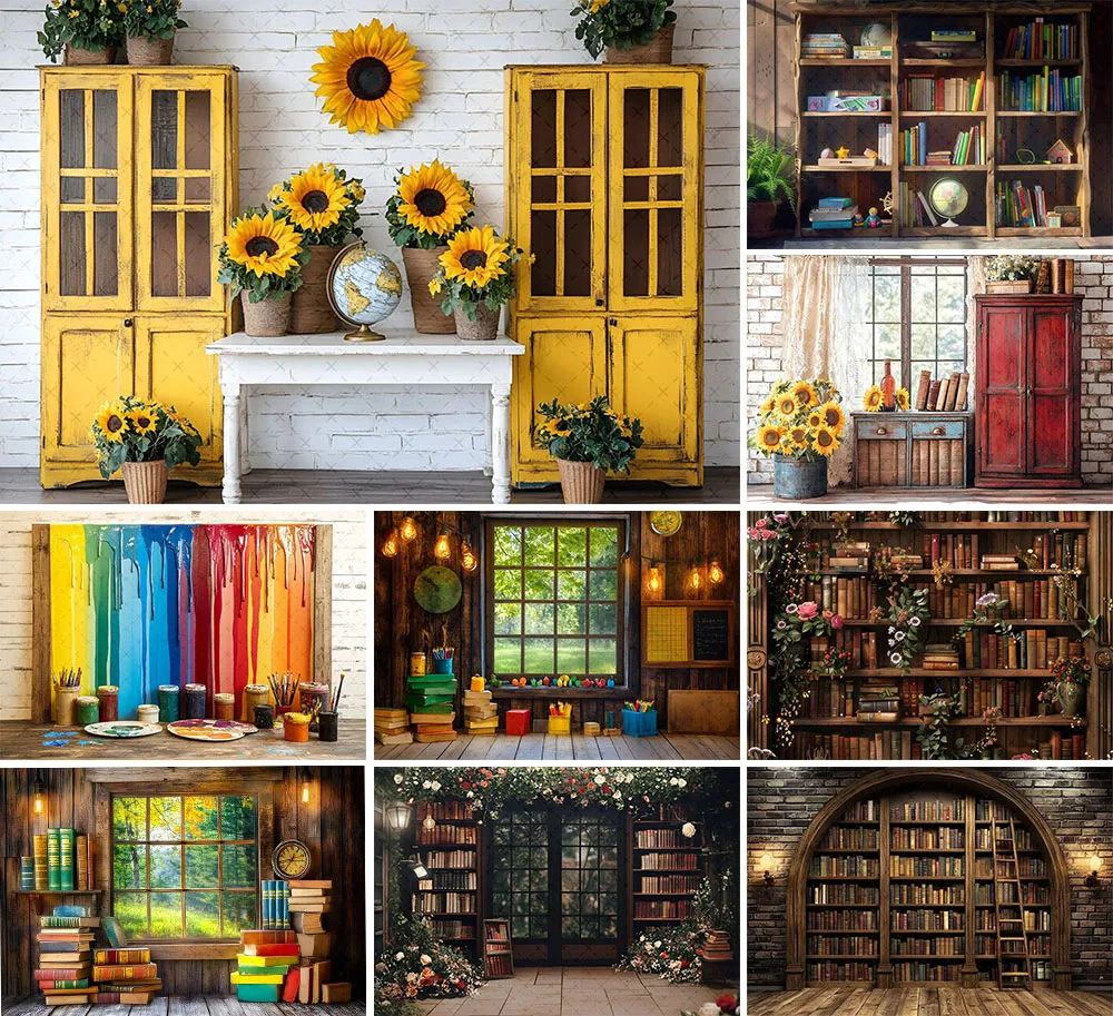 Mehofond Photography Background Back To School Bookshelf Window Flowers Kids Birthday Party Portrait Decor Backdrop Photo Studio