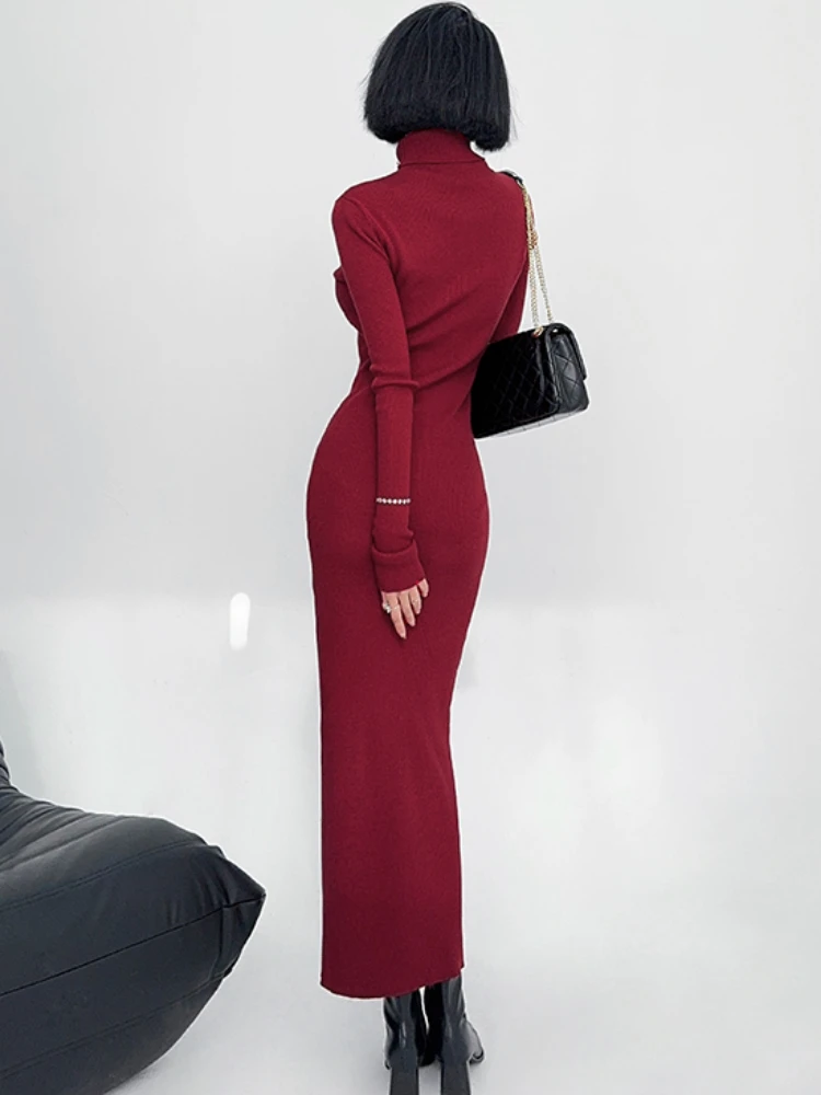 Long Sleeve Dresses Women Turtleneck Knitted Tender Slimming Sweater Basic Solid Simple All-match Temperament Ulzzang Streetwear image 2