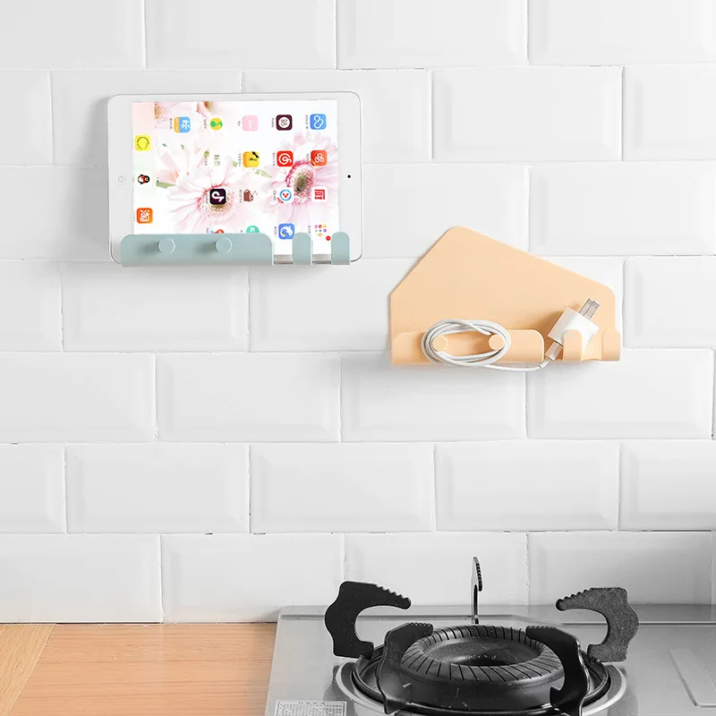Nieuw Ontwerp Mobiele Telefoon Muur Oplaadhouder Standaard Voor Ipad Xiaomi Garderobe Opbergbeugel Met 4 Haak Multi-Use Tools