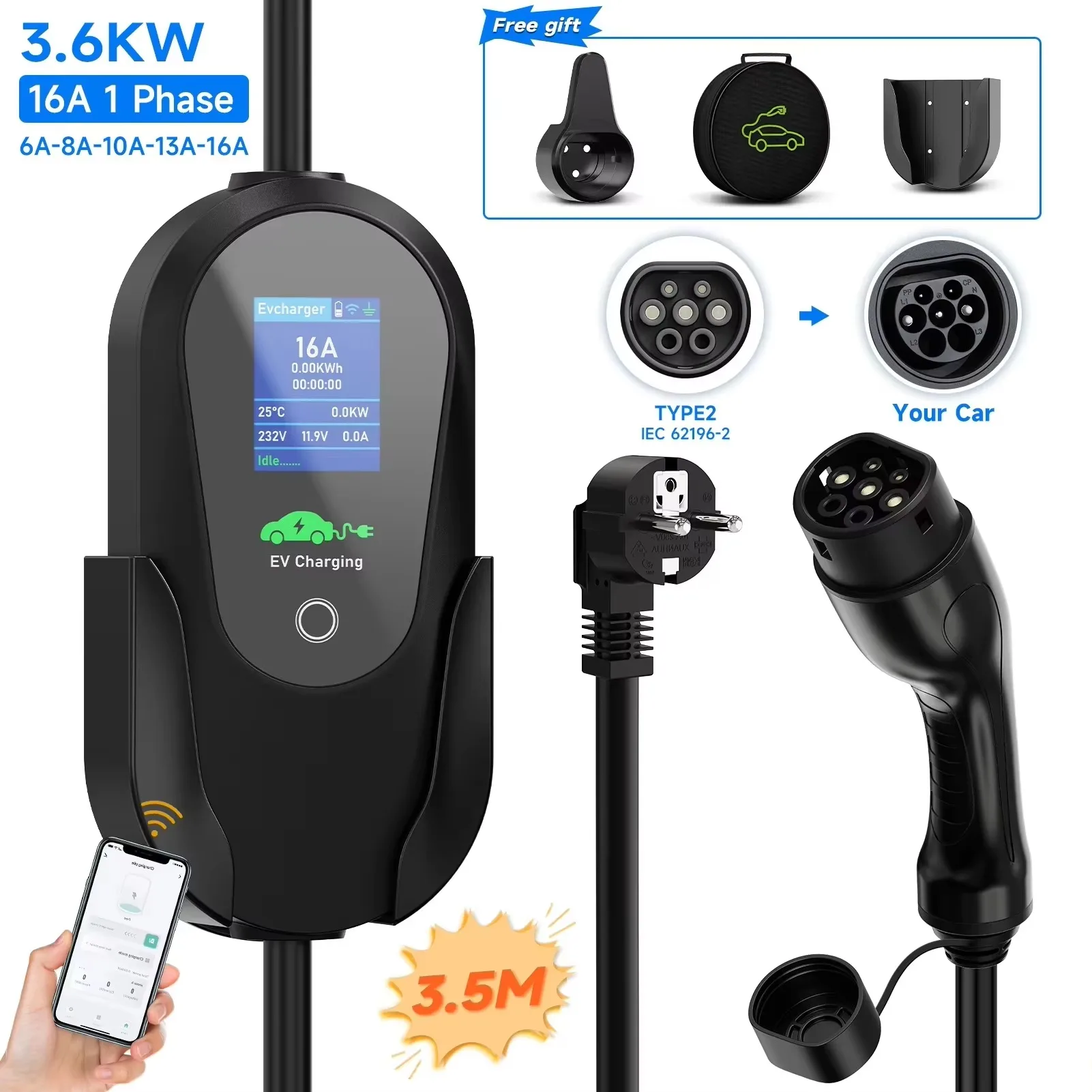 AFEEV Type 2 draagbare EV-oplader 3,6 kW 16A 1 fase Wallbox Type1/GBT EVSE snellaadkabel EU-stekker WiFi APP Bluetooth-bediening