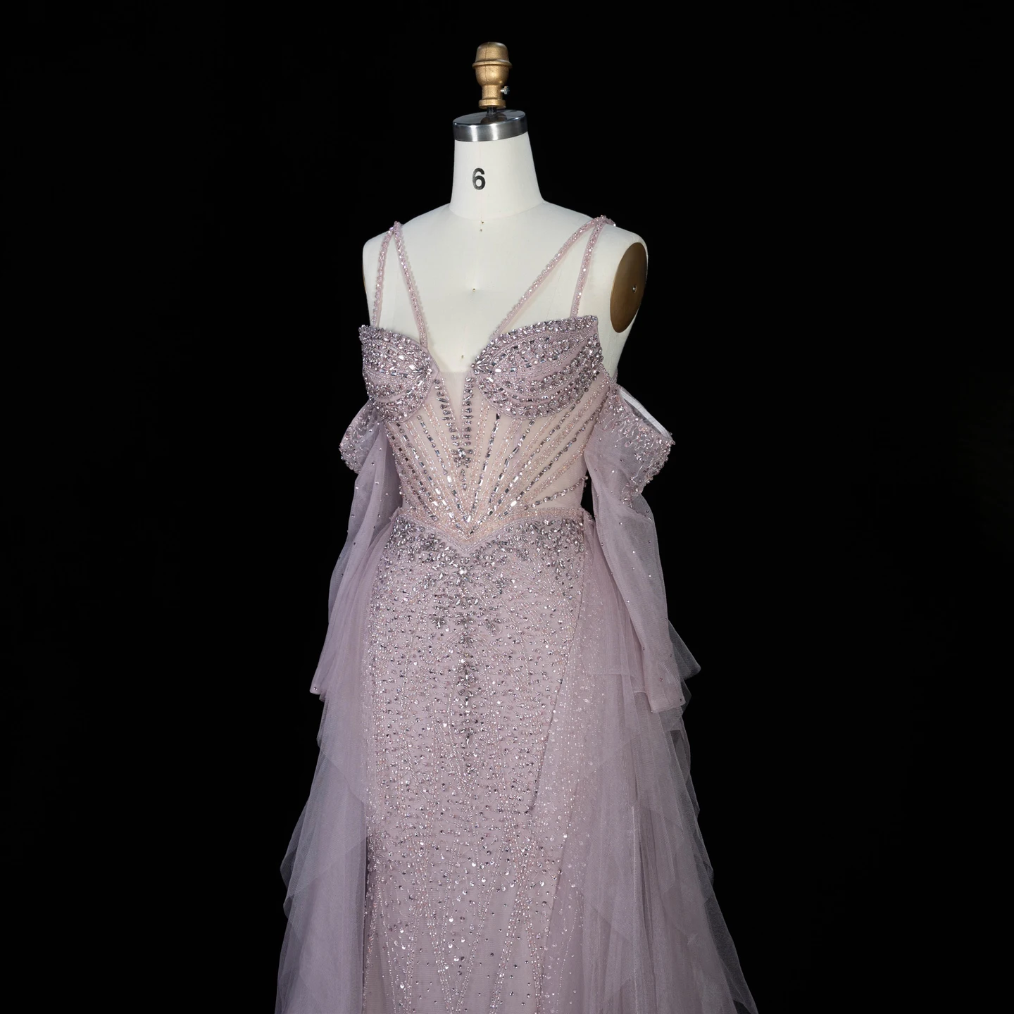 Sharon Said Dubai Grünes Abendkleid mit Spaghettiträgern, Perlen und Rüschenärmeln, formelles Ballkleid für Damen, SS123, maßgeschneidert – Detail 20