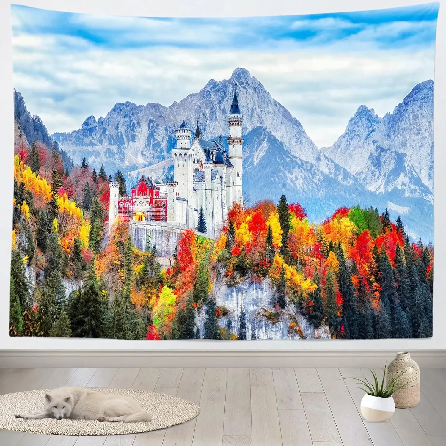 Neuschwanstein Castle Tapestry Photography Backdrop Fall Forest Bavaria Picture Landmark Art Large Wall Hanging Kid Teen Adults