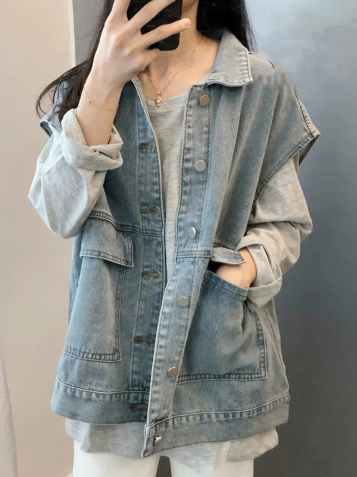 Loose Women's Denim Vest Spring 2026 New Style plus Size Workwear Jacket Sleeveless Outerwear V-Neck Single Button Fastening