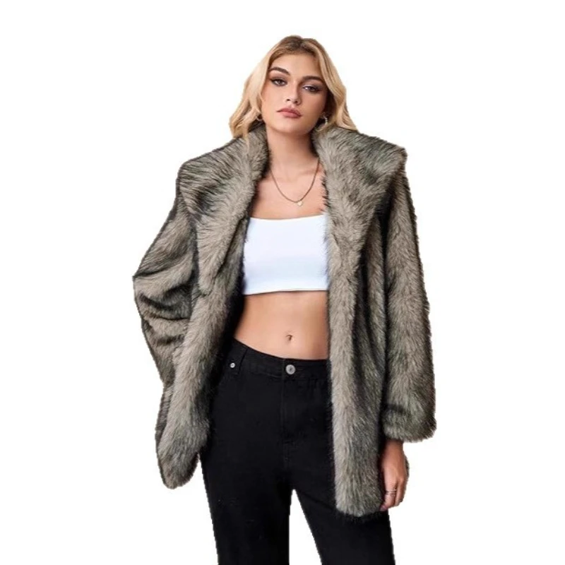 معاطف نسائية من الفرو الصناعي سترات متوسطة الطول بياقة مقلوبة معطف سميك غير رسمي Y2k ملابس الشارع الشهير أنيق للعمل في الخريف والشتاء #4