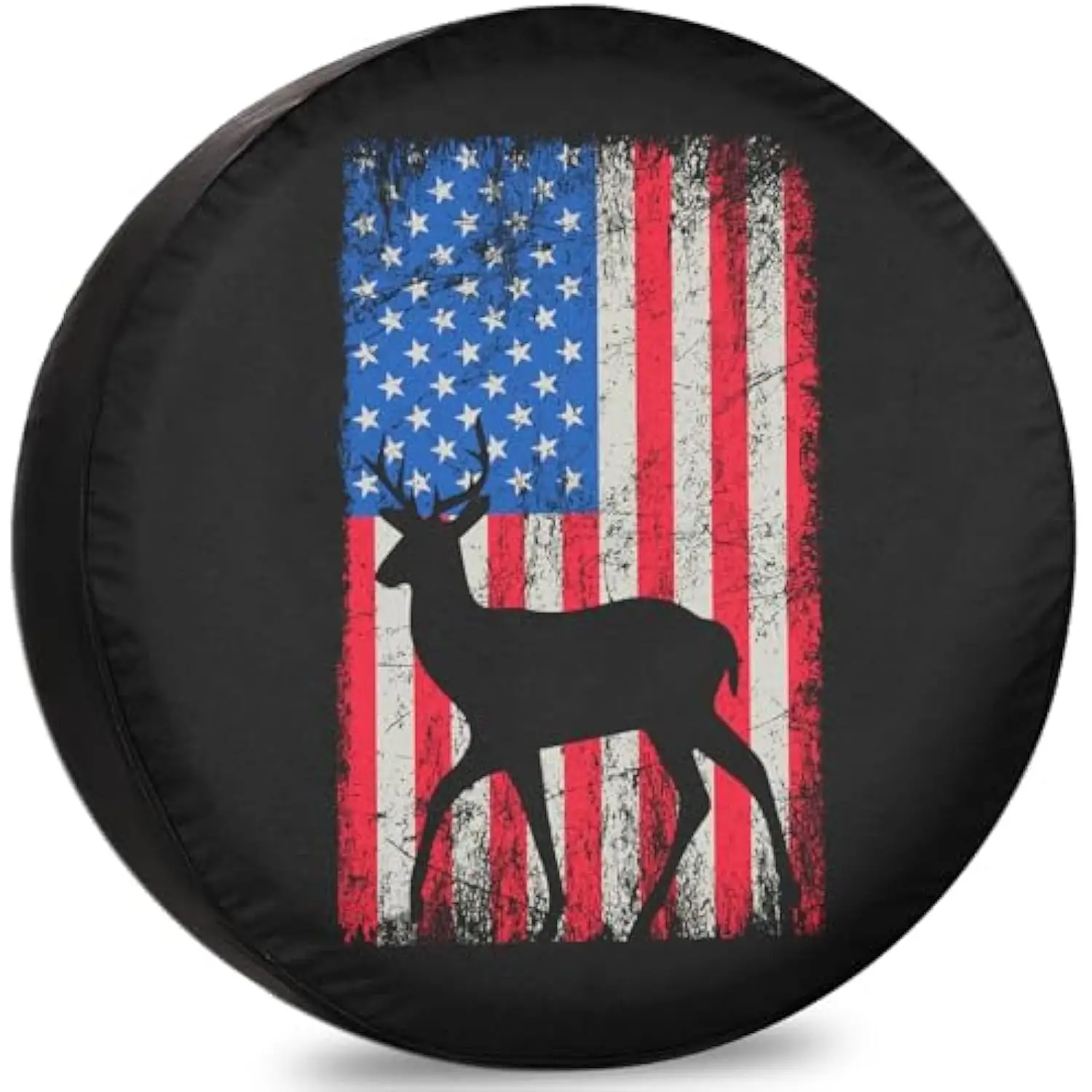 

Distressed American Flag Deer Silhouette Spare Tire Cover Camper Wheel Protector Weatherproof Outdoor Accessory